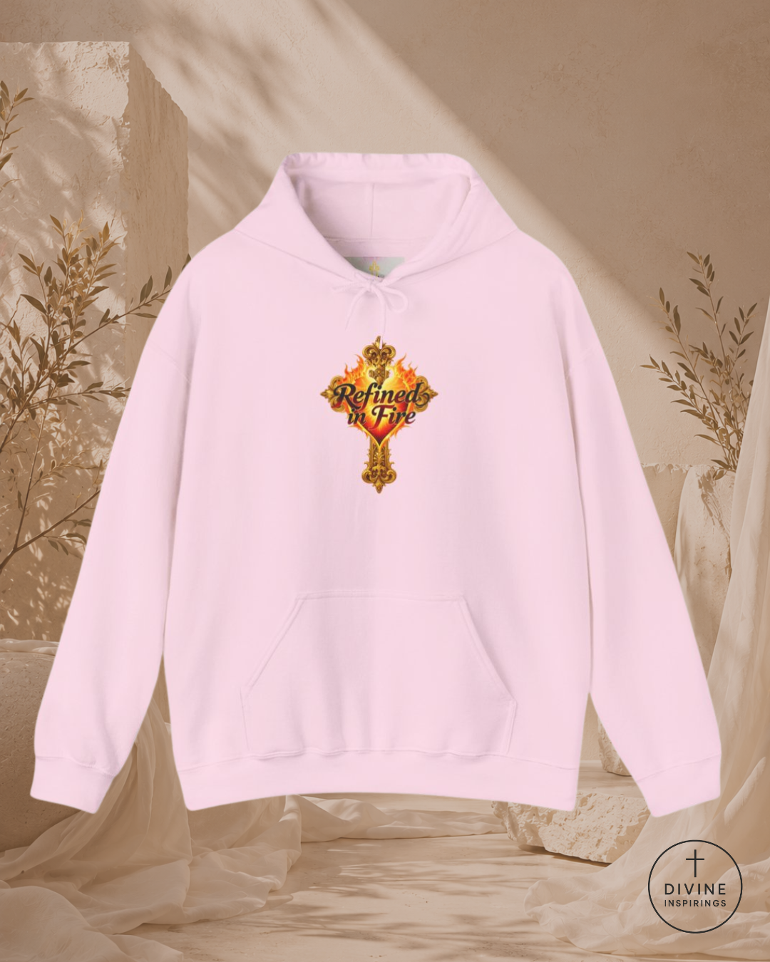Pink hoodie with a decorative emblem on a beige background