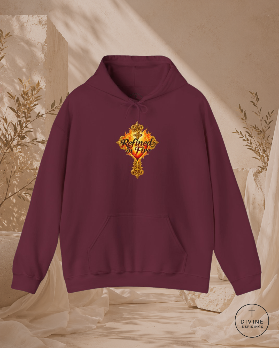 Maroon hoodie with a decorative logo on a beige background