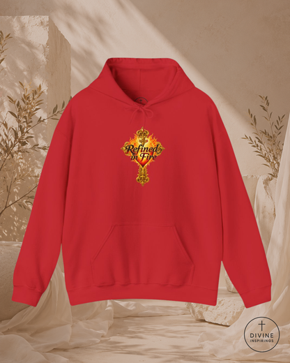 Red hoodie with a logo on a beige background
