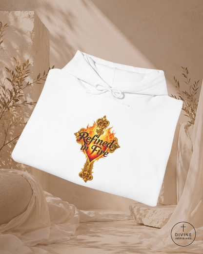 White hoodie with 'Refined in Fire' design on a beige background