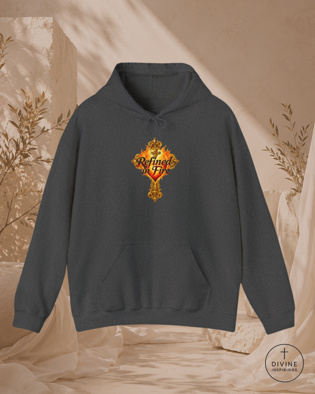 Dark gray hoodie with a colorful logo on a beige background