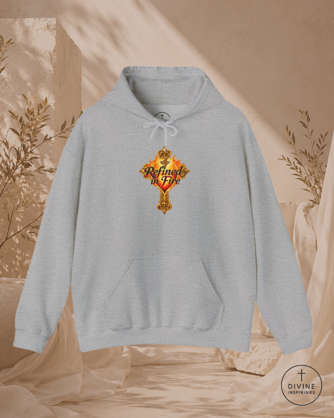 Gray hoodie with a colorful design on a beige background