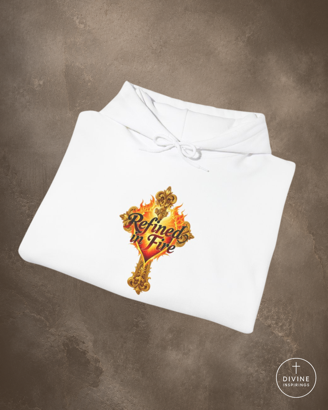 White hoodie with a colorful graphic design on a brown background