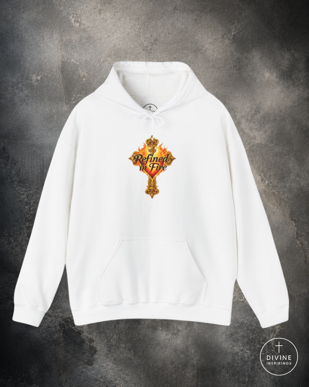 White hoodie with a colorful logo on a gray background