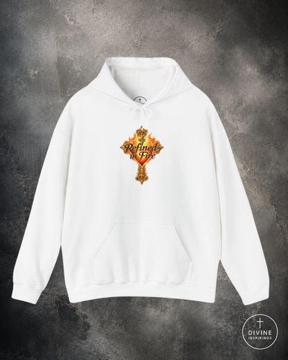 White hoodie with a colorful logo on a gray background