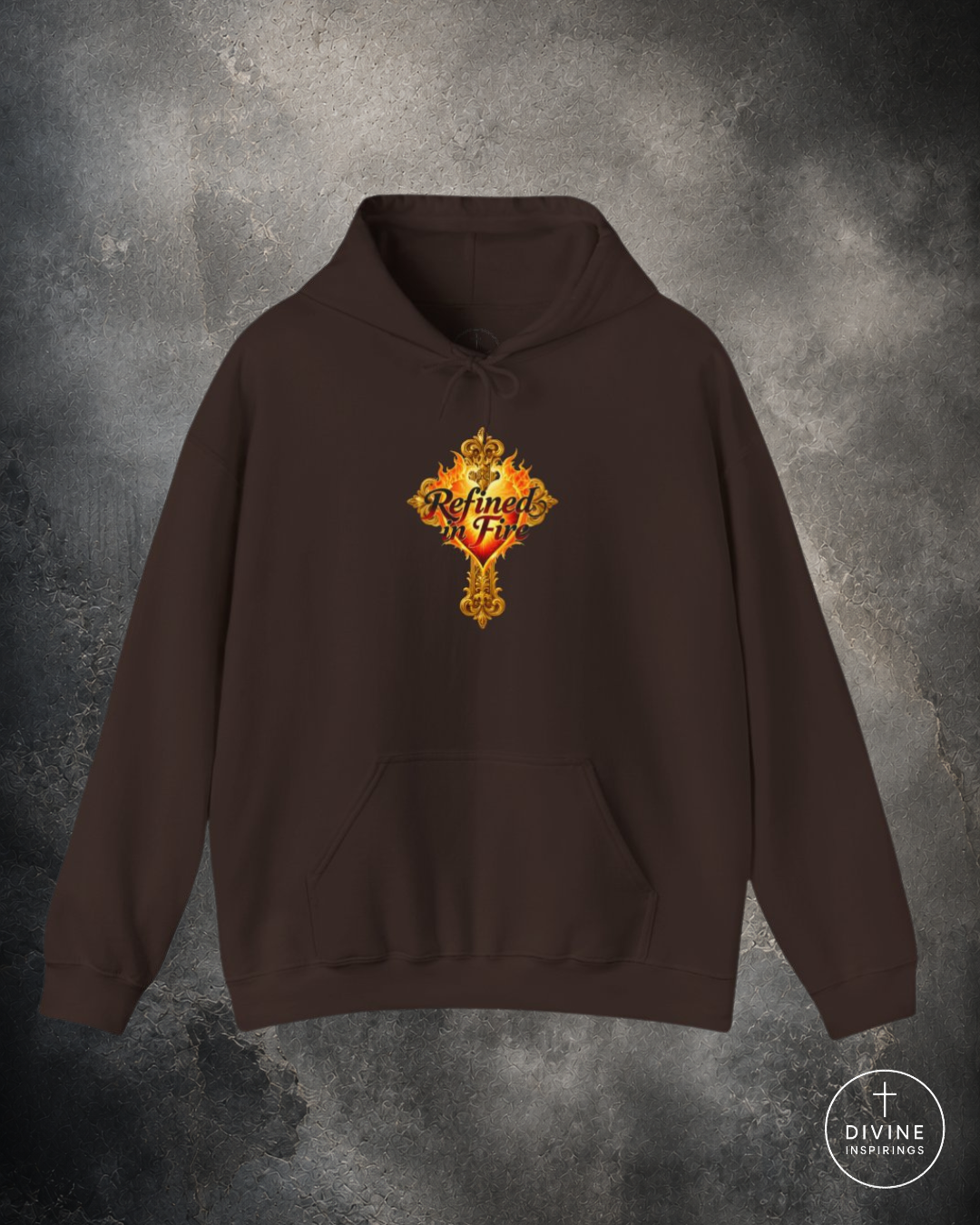 Brown hoodie with a colorful logo on a gray textured background
