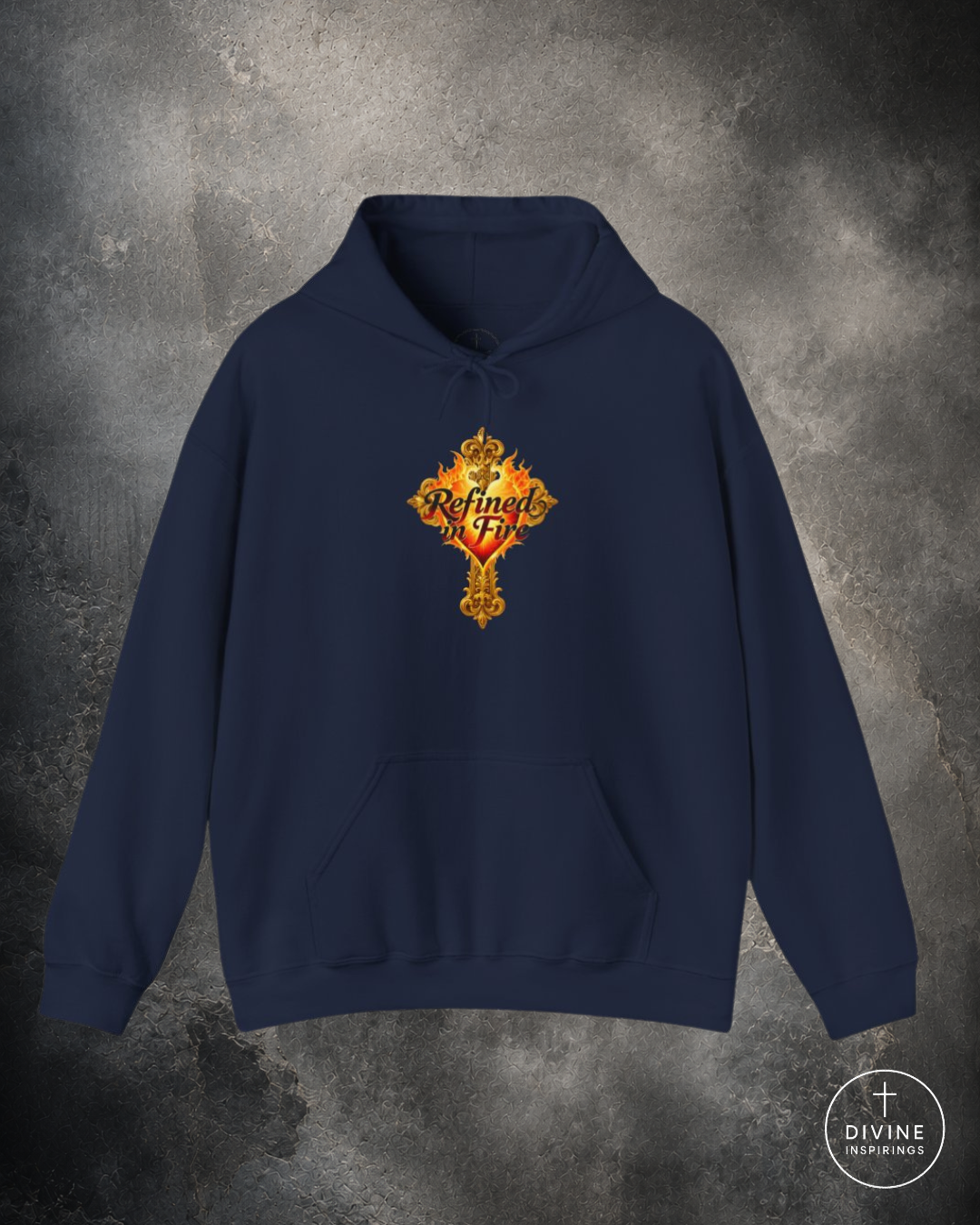 Navy blue hoodie with a colorful emblem on a textured gray background