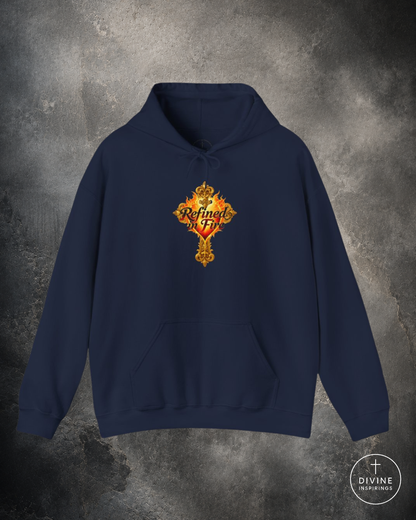 Navy blue hoodie with a colorful emblem on a textured gray background
