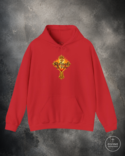 Red hoodie with a logo on a gray textured background