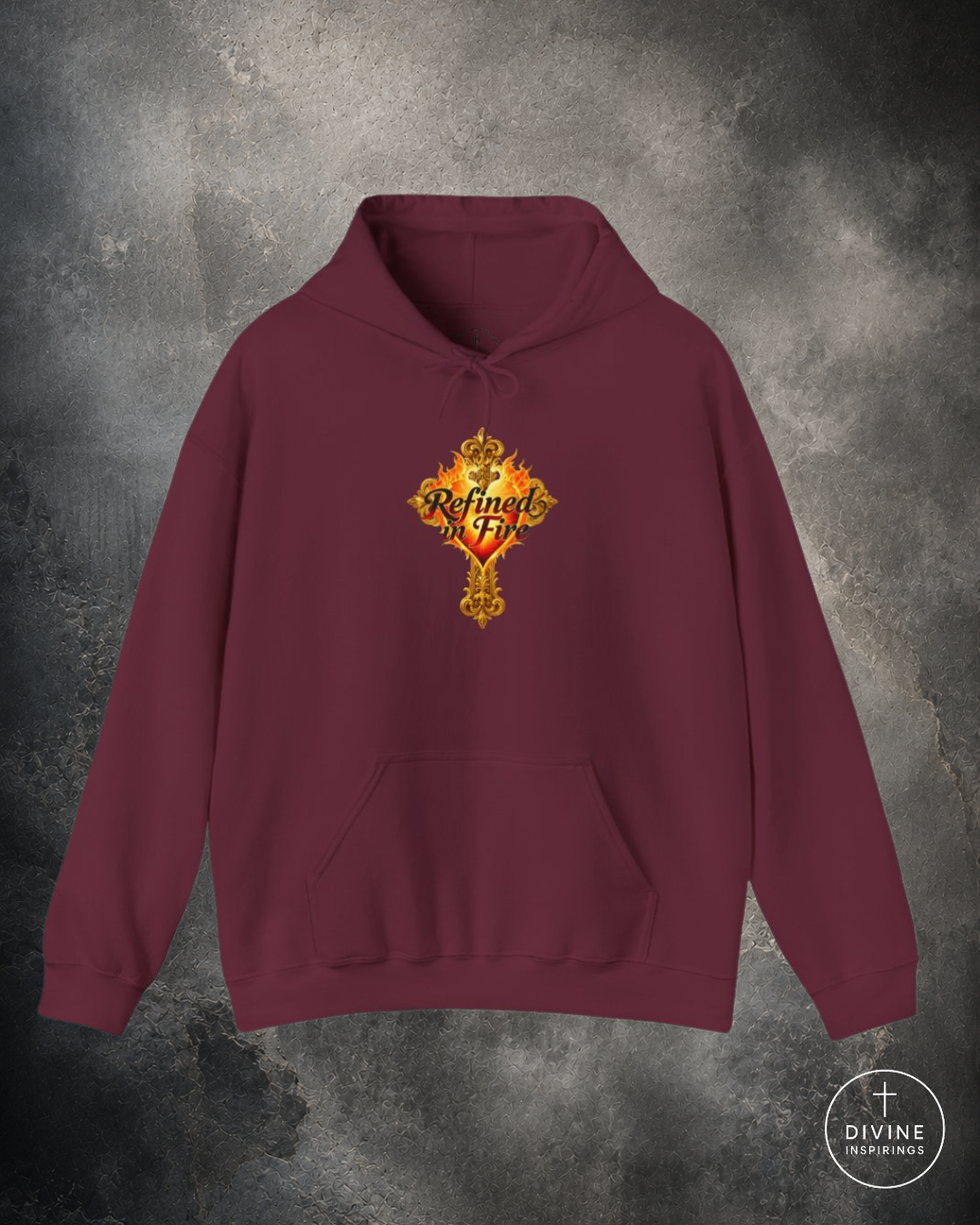 Maroon hoodie with a gold and red design on a gray textured background