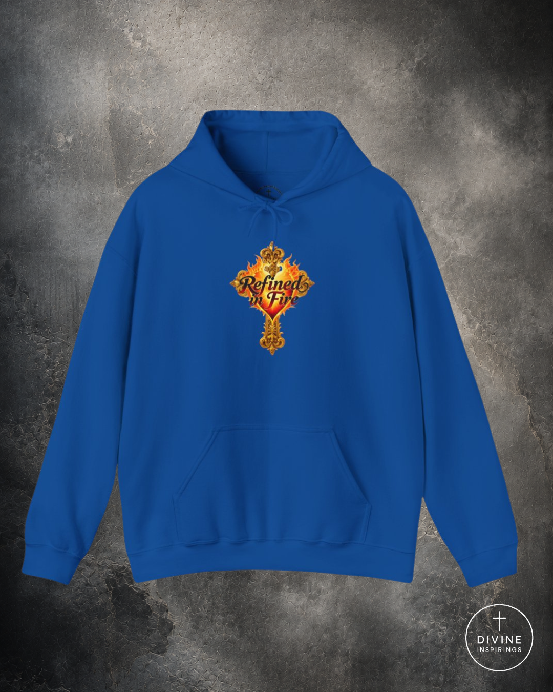 Blue hoodie with a colorful logo on a gray textured background