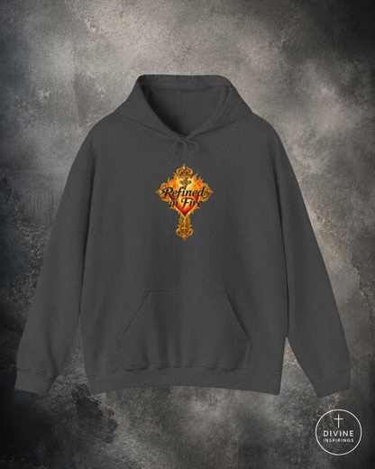 Dark gray hoodie with a colorful logo on a textured gray background