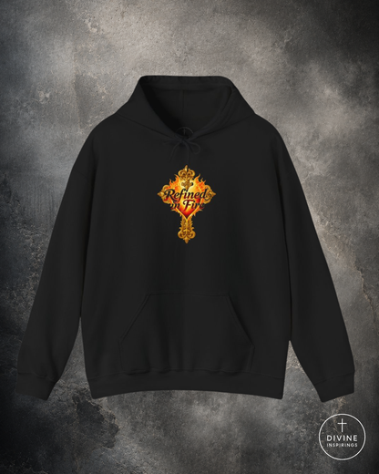 Black hoodie with a gold and red emblem on a textured gray background