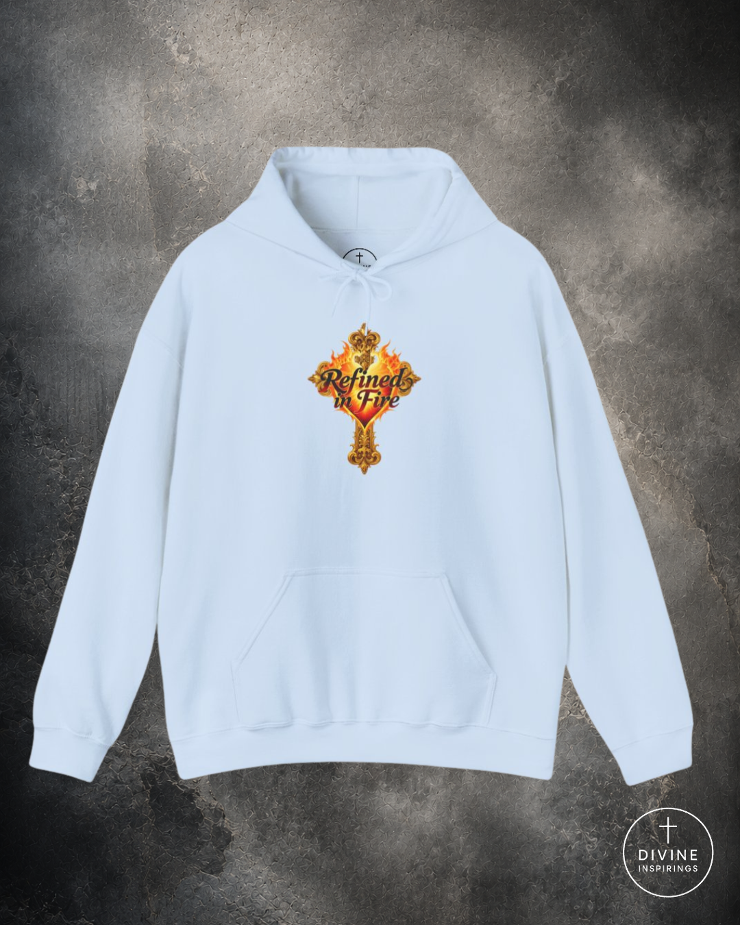 White hoodie with a colorful graphic design on a textured gray background