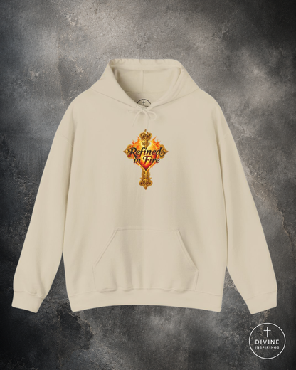 Beige hoodie with a colorful graphic design on a gray background