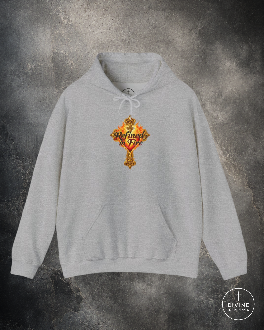 Gray hoodie with a colorful logo on a textured gray background