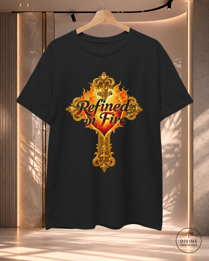 Black t-shirt with 'Refined in Fire' design on a hanger against a neutral background
