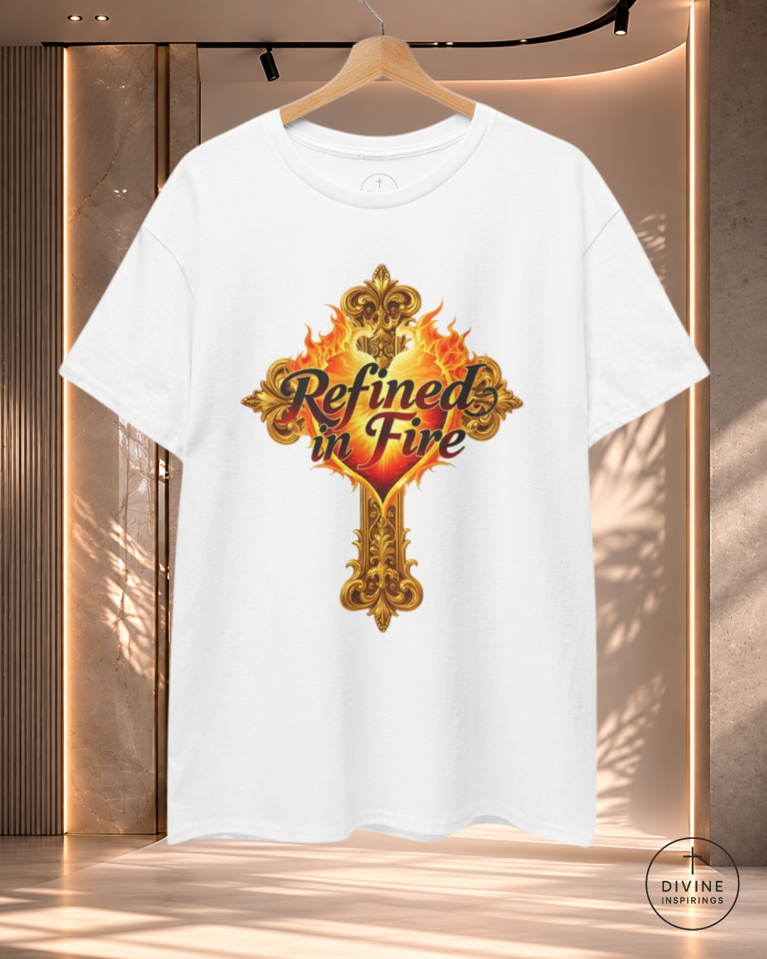 White t-shirt with 'Refined in Fire' design on a hanger against a neutral background