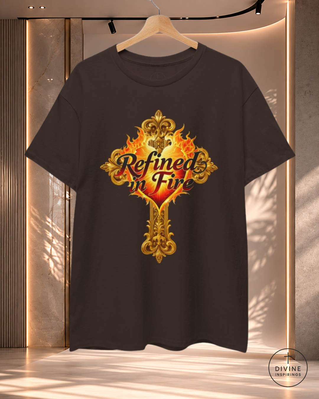 Black t-shirt with 'Refined in Fire' design on a hanger against a neutral background