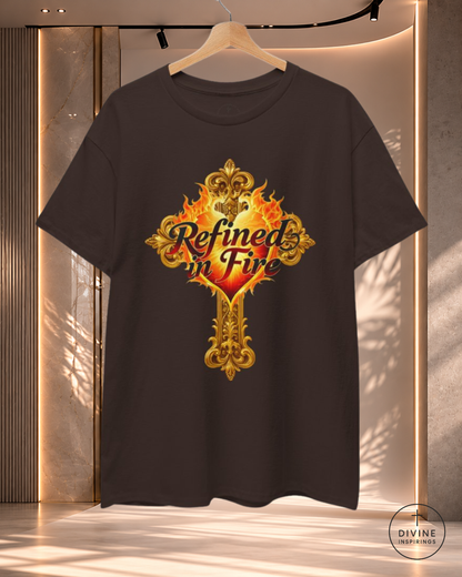 Black t-shirt with 'Refined in Fire' design on a hanger against a neutral background