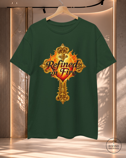 Black t-shirt with 'Refined in Fire' design on a hanger against a neutral background