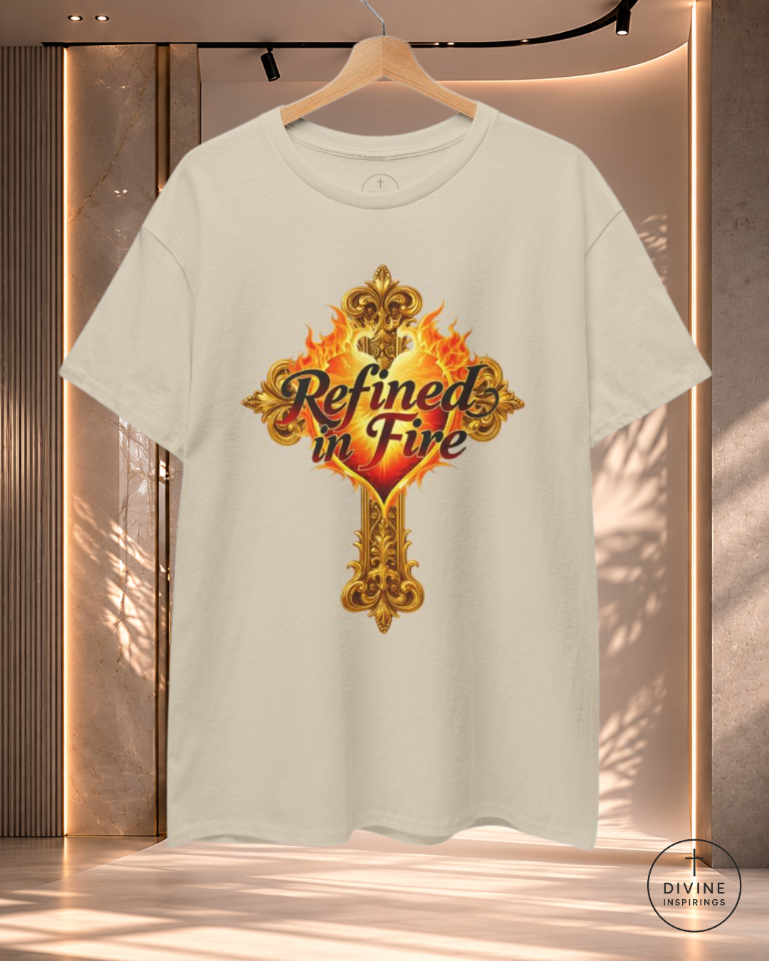 White t-shirt with 'Refined in Fire' design on a hanger against a neutral background