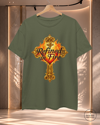 Green t-shirt with 'Refined in Fire' design on a hanger against a neutral background