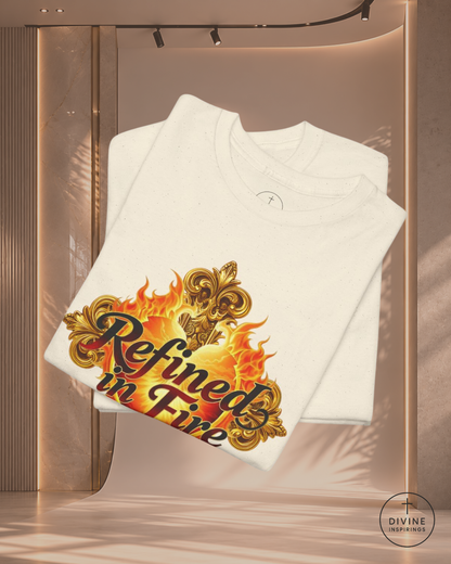 White t-shirt with 'Refined in Fire' design on a white background