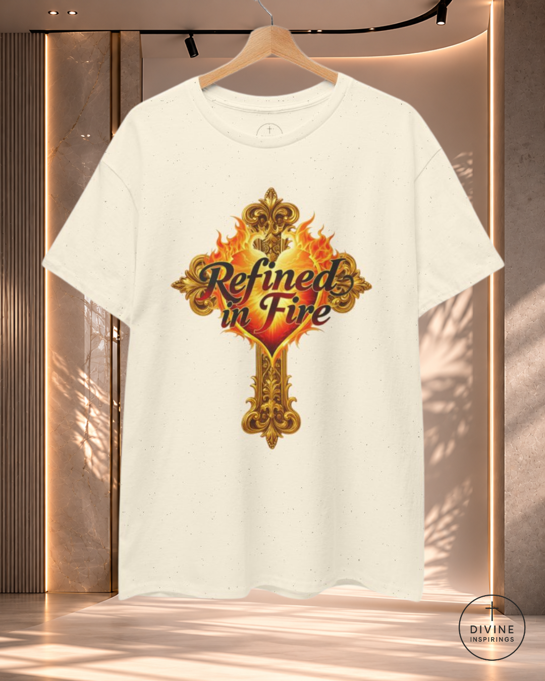 White t-shirt with 'Refined in Fire' design on a hanger against a neutral background
