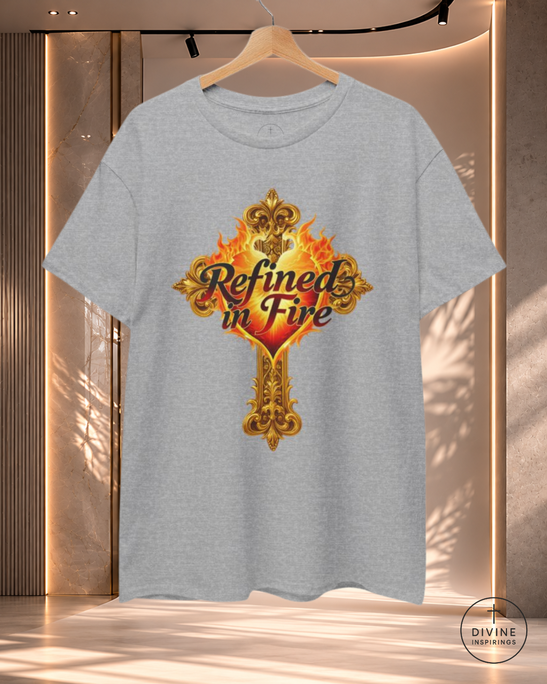 Gray t-shirt with 'Refined in Fire' design on a hanger against a neutral background