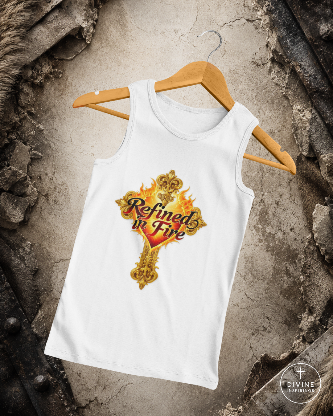 White tank top with 'Refined in Fire' design on a hanger against a textured wall background.