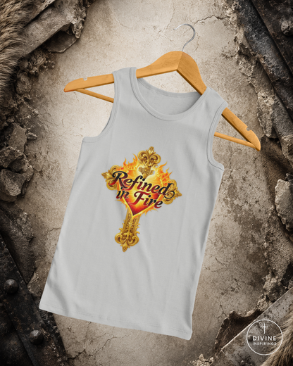 Gray tank top with 'Refined in Fire' design on a hanger against a textured wall background.