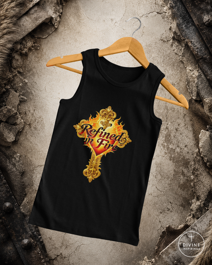 Black tank top with 'Refined in Fire' design on a hanger against a textured wall background.