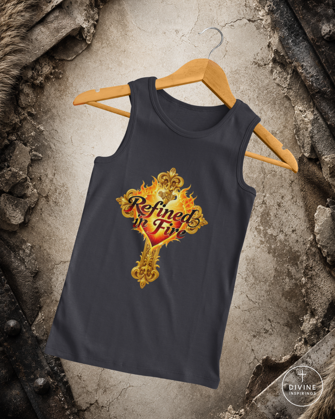 Black tank top with 'Refined in Fire' design on a hanger against a textured wall.