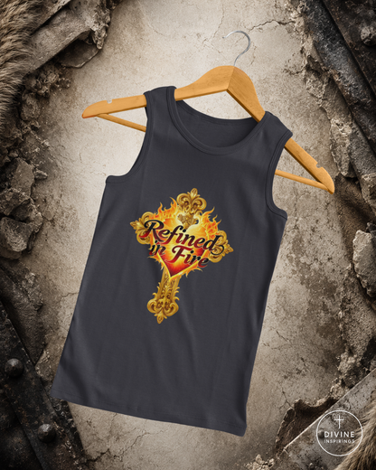 Black tank top with 'Refined in Fire' design on a hanger against a textured wall.