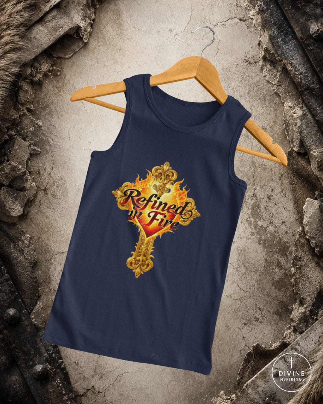 Navy blue tank top with 'Refined in Fire' design on a hanger against a textured wall background.