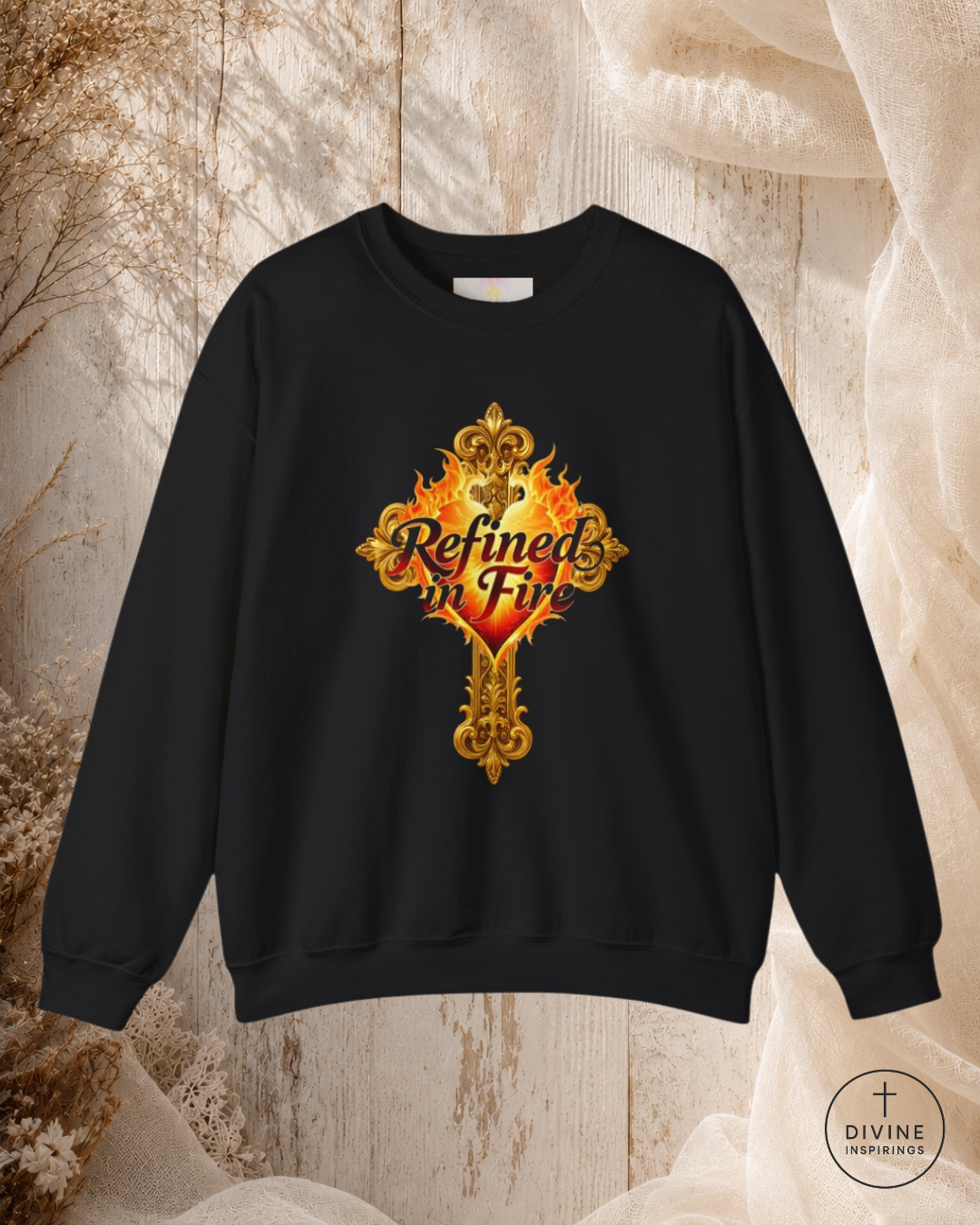 Black sweatshirt with 'Refined in Fire' design on a textured background