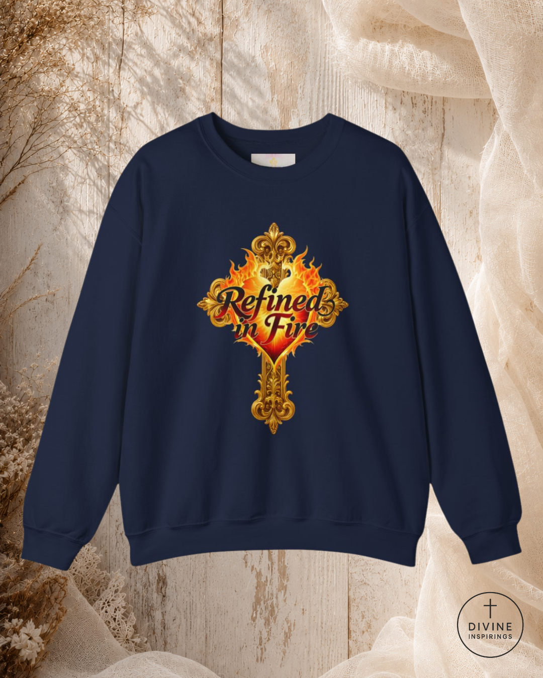 Dark gray sweatshirt with decorative design and text on a textured background
