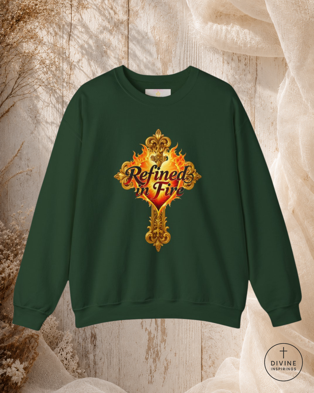Green sweatshirt with decorative text and design on a textured background