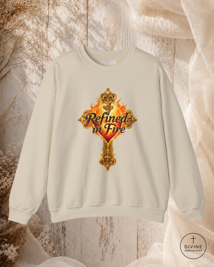 White sweatshirt with 'Refined in Fire' design on a textured beige background