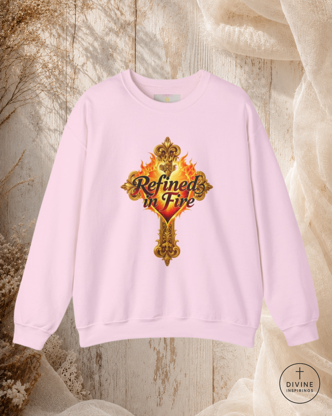 Pink sweatshirt with 'Refined in Fire' design on a textured background