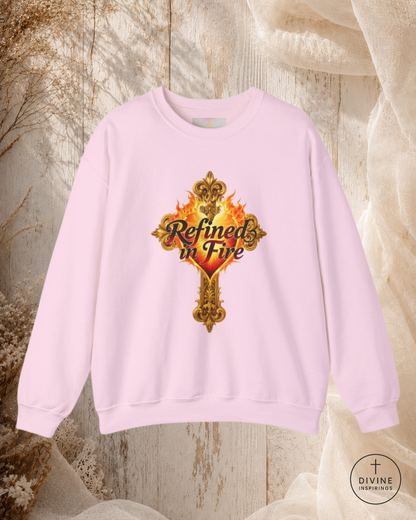 Pink sweatshirt with 'Refined in Fire' design on a textured background