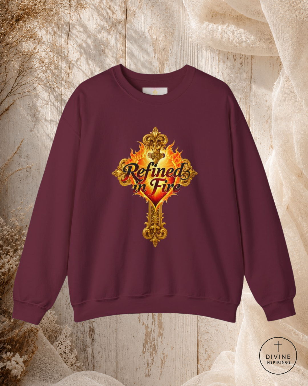 Maroon sweatshirt with decorative text design on a textured background