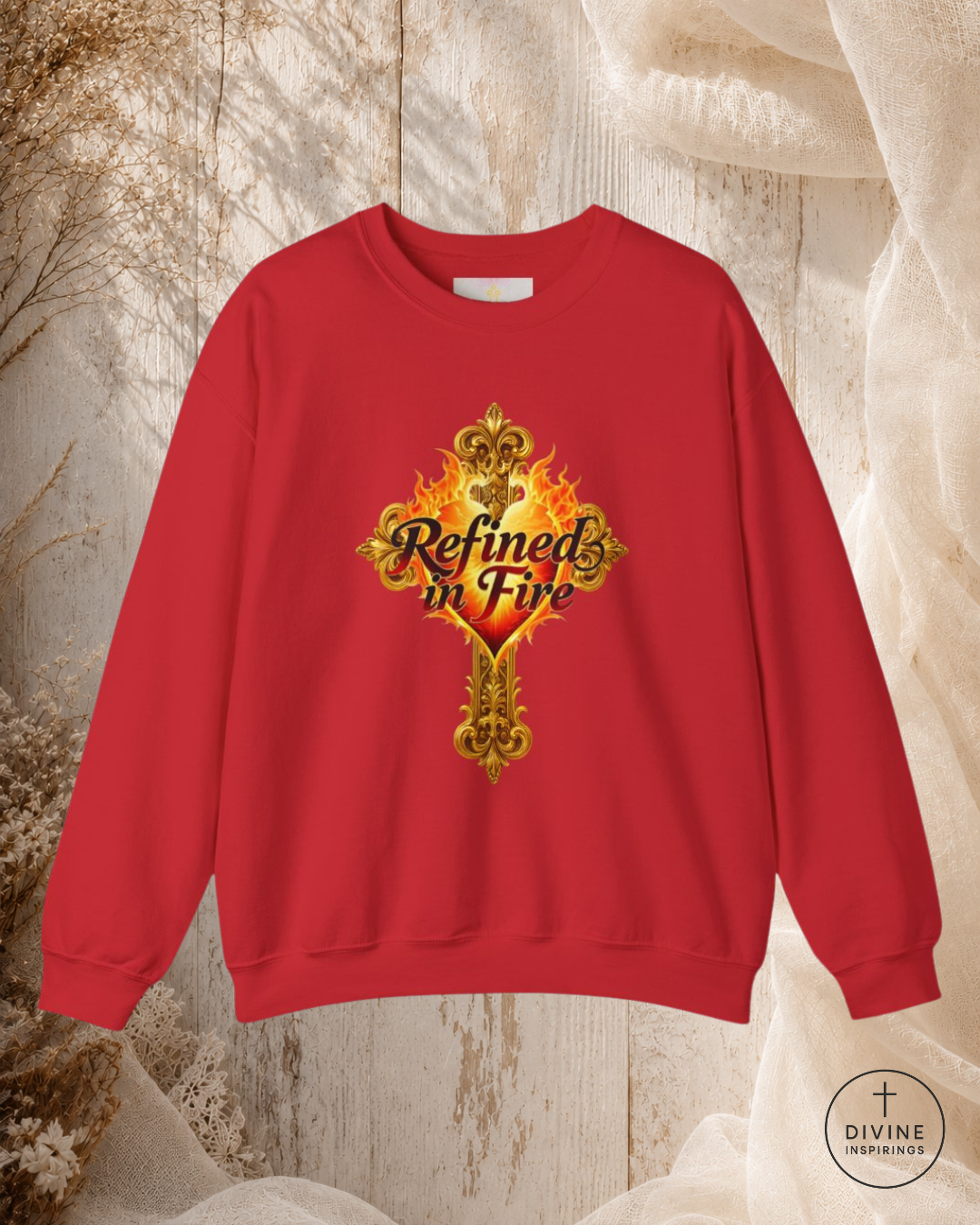 Red sweatshirt with 'Refined in Fire' design on a textured background