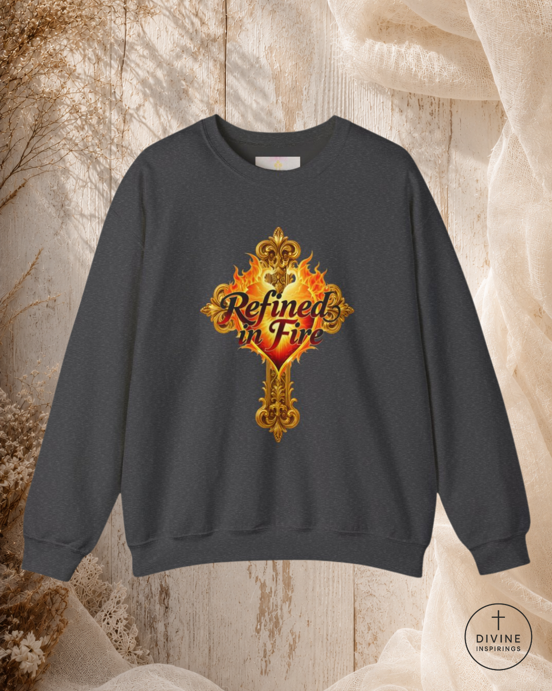 Dark gray sweatshirt with decorative design and text on a textured background