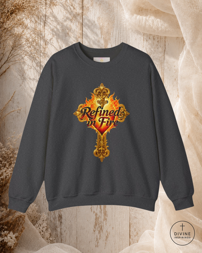 Dark gray sweatshirt with decorative design and text on a textured background
