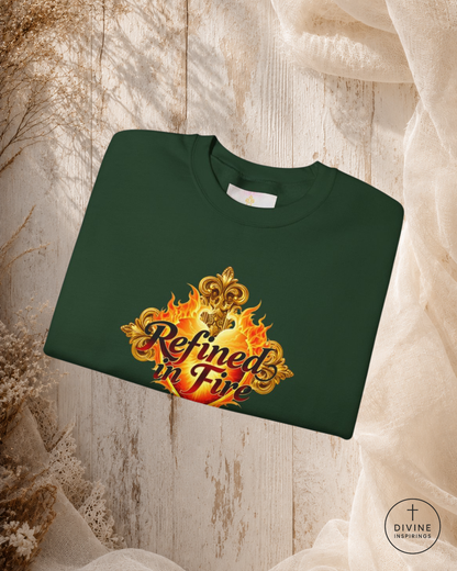 Green sweatshirt with 'Refined in Fire' design on a textured surface
