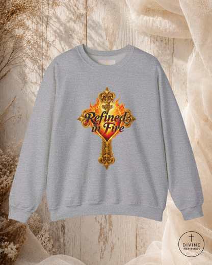 Gray sweatshirt with 'Refined in Fire' design on a textured beige background