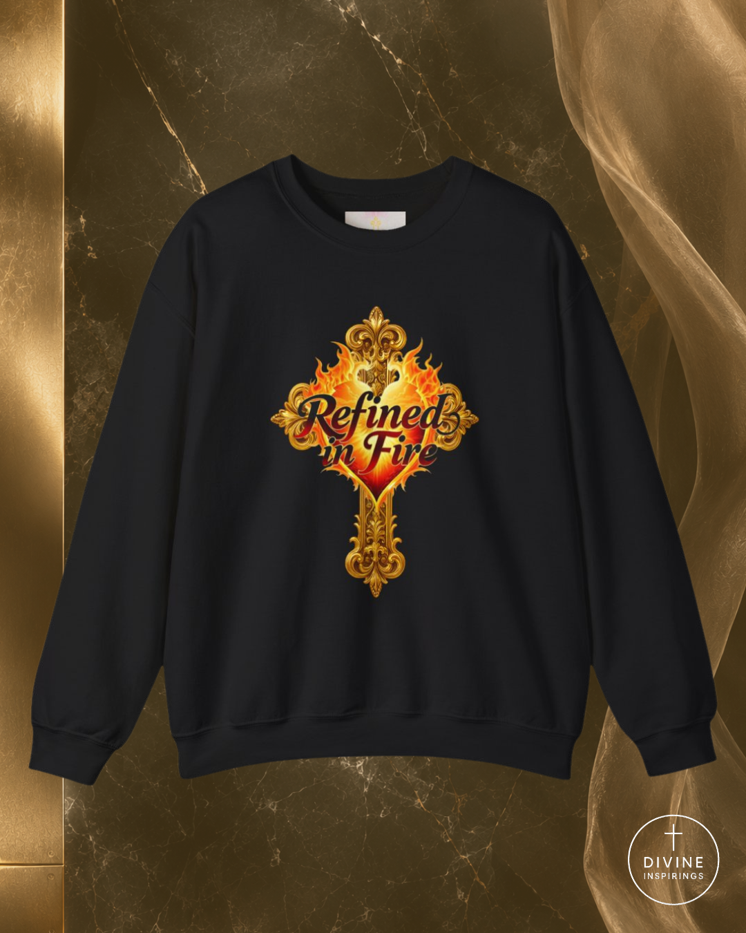 Black sweatshirt with 'Refined in Fire' design on a gold and brown background