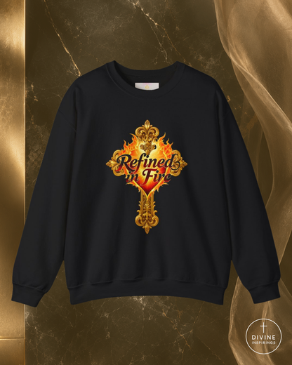 Black sweatshirt with 'Refined in Fire' design on a gold and brown background